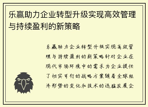 乐赢助力企业转型升级实现高效管理与持续盈利的新策略